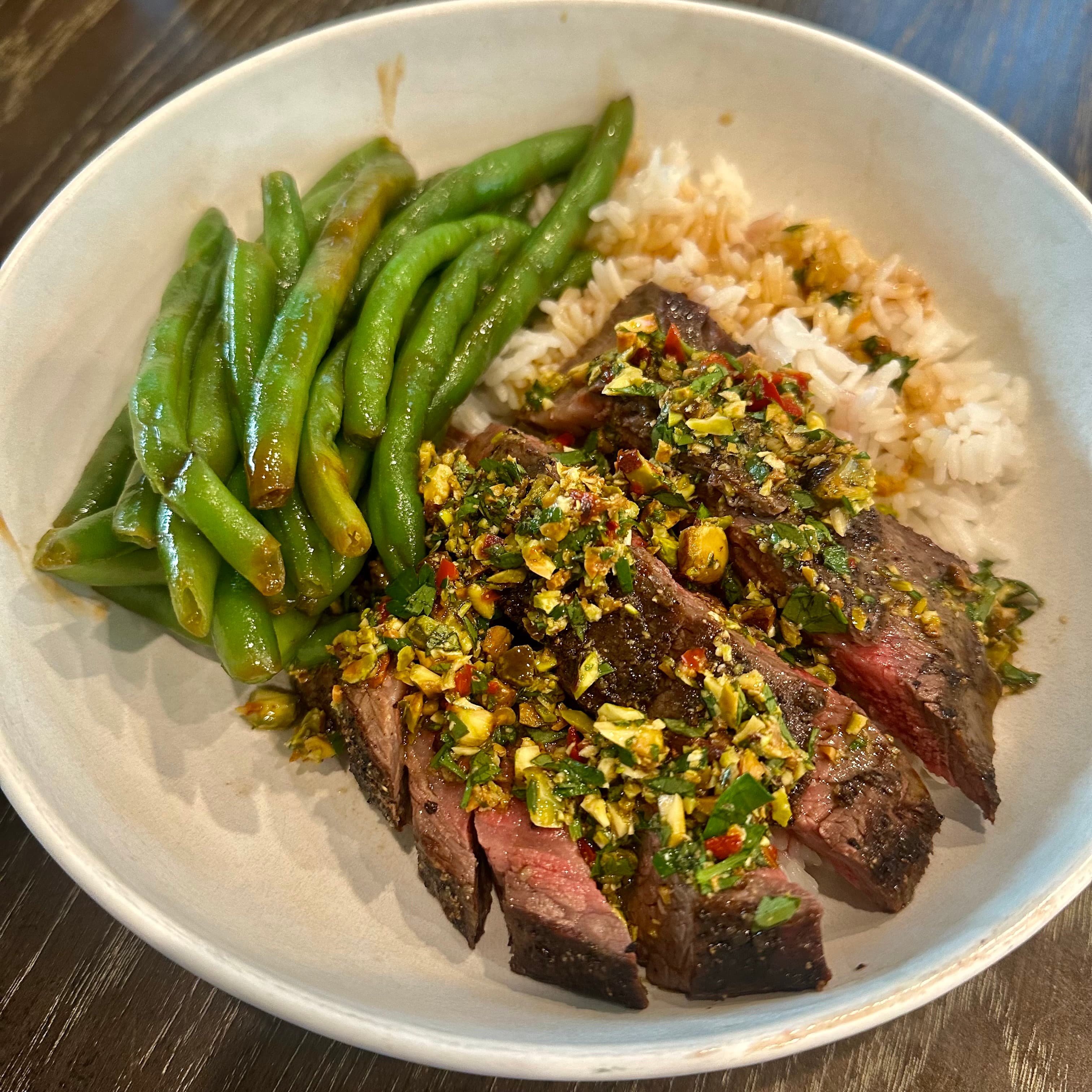 Grilled Flank Steak Bowls with Pistachio Herb Sauce