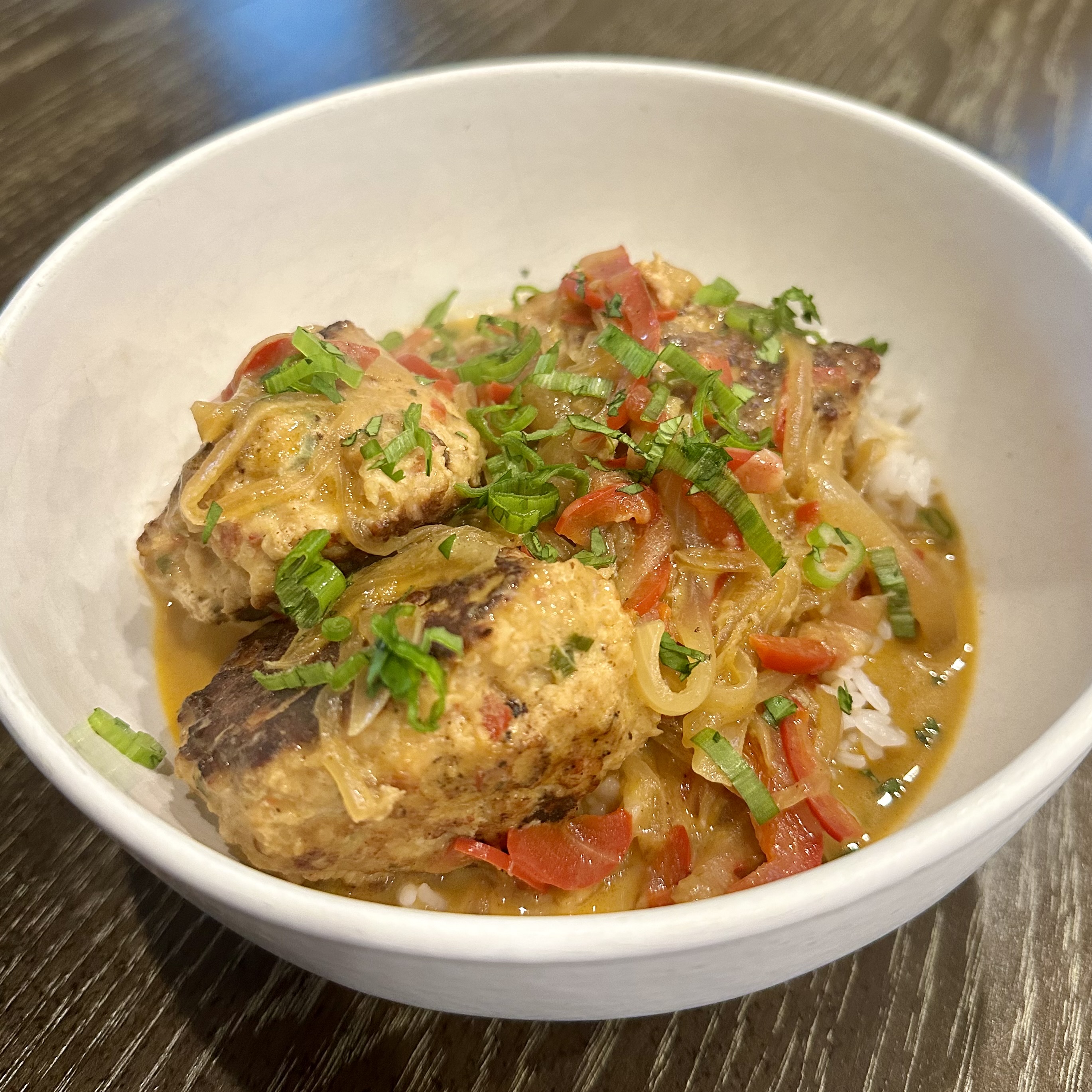 Thai red curry chicken meatballs on rice